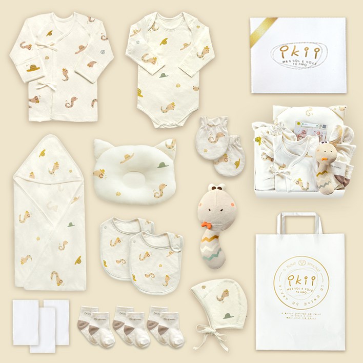 ikii 유아용 오가닉 배냇저고리 긴소매 15종 출산 선물세트 선물포장  쇼핑백