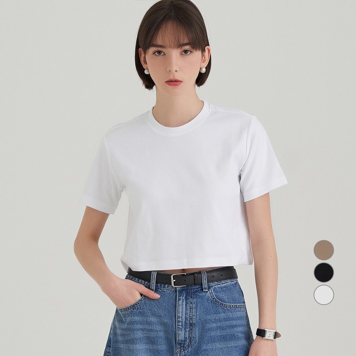 ELLE PARIS 세미 크롭 고밀도 순면 반팔 티셔츠