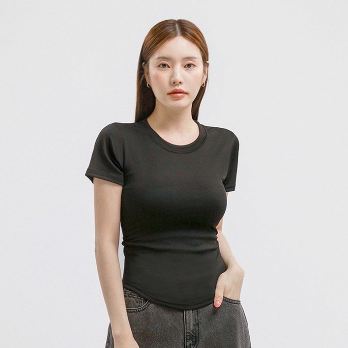 엘쏘 여성용 옆셔링 스판 슬림핏 라운드넥 반팔 티셔츠