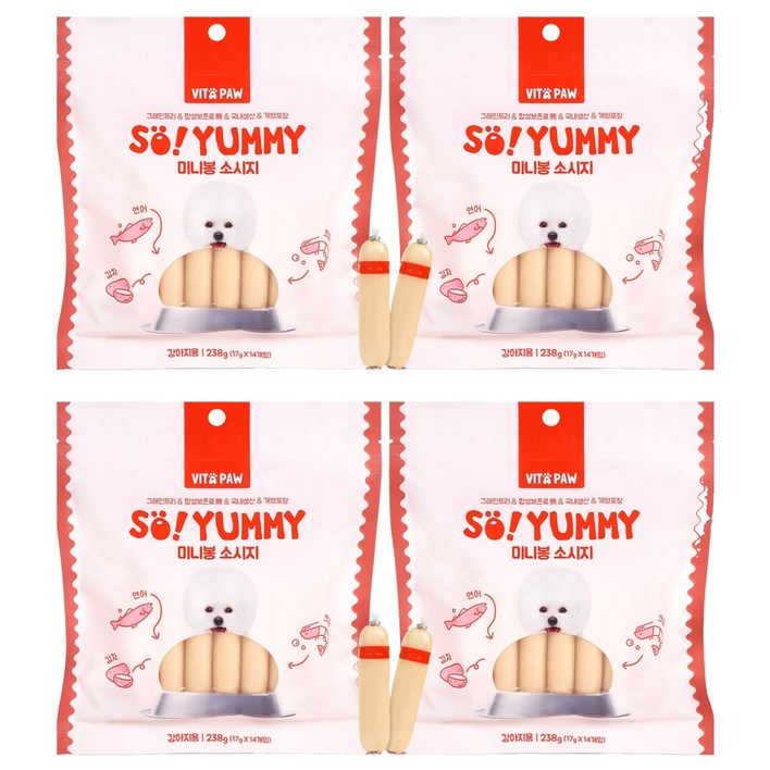 비타파우 강아지 쏘야미 미니봉 소시지 간식, 연어 + 크릴 혼합맛, 238g, 4개