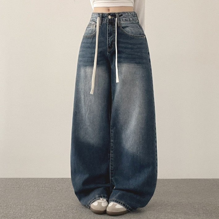 위드후이린 여성용 미트 허리끈 인밴딩 와이드 데님 팬츠