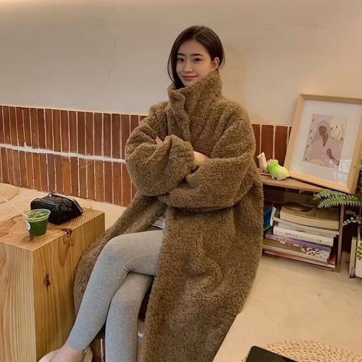 SunburstWonder 여성 인조양털 램스울 코트 퍼 리얼 뽀글이 도톰한 오버핏 롱 코트