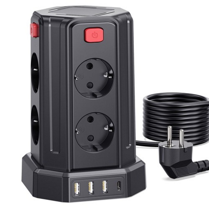 과부하차단 USB 타워 멀티탭 블랙 3M 전선 USB 멀티탭 12구 8소켓 3USBA 1USBC,KC 인증서 취득, 검은색, 1개, 3m