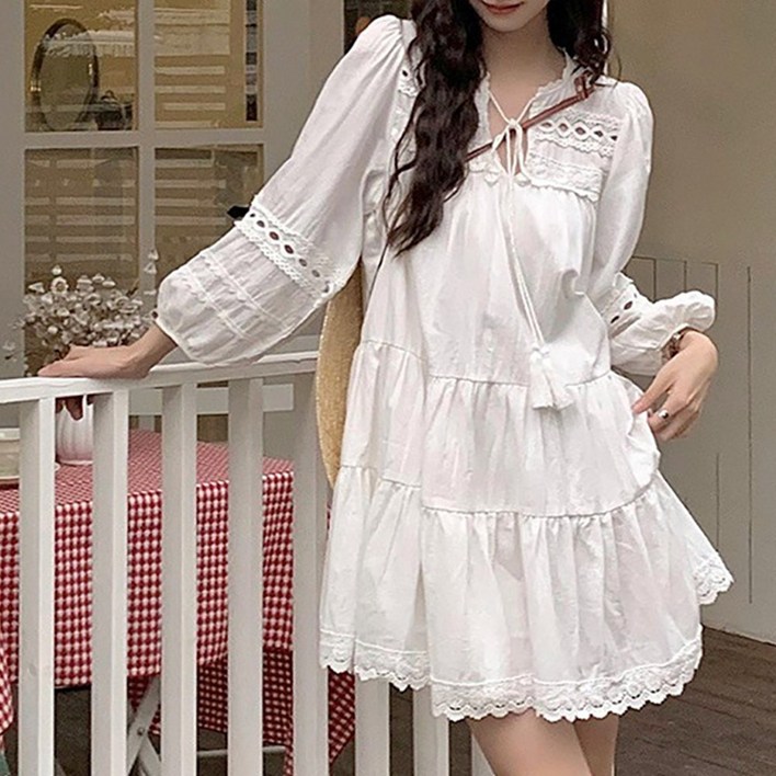 모던허니 여성 오버핏 자수 레이스 펀칭 원피스 모리룩 보헤미안 루즈핏