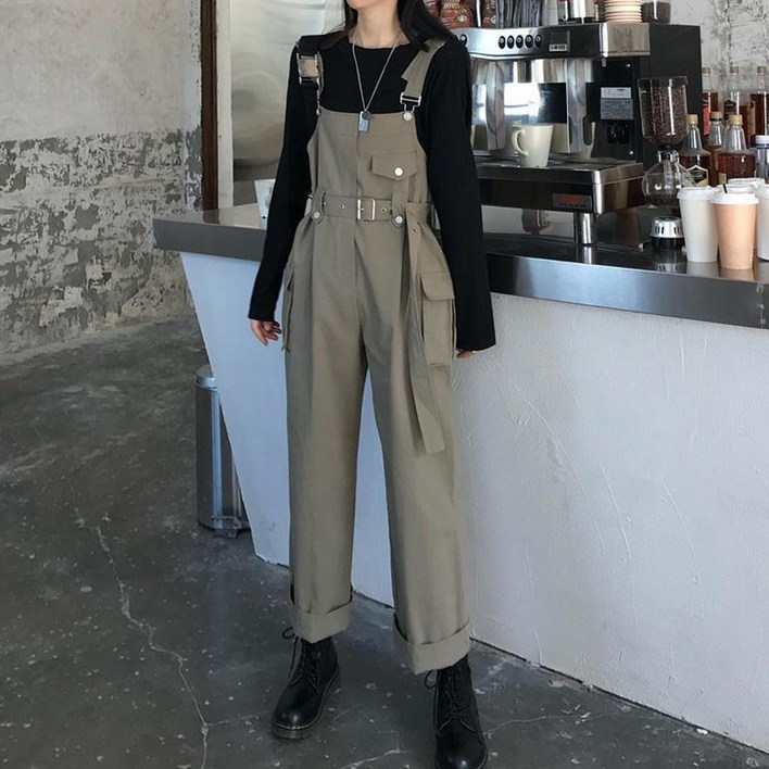 ORZQU 여성 봄 가을 멜빵바지 무지 포켓 데일리룩 와이드 점프수트