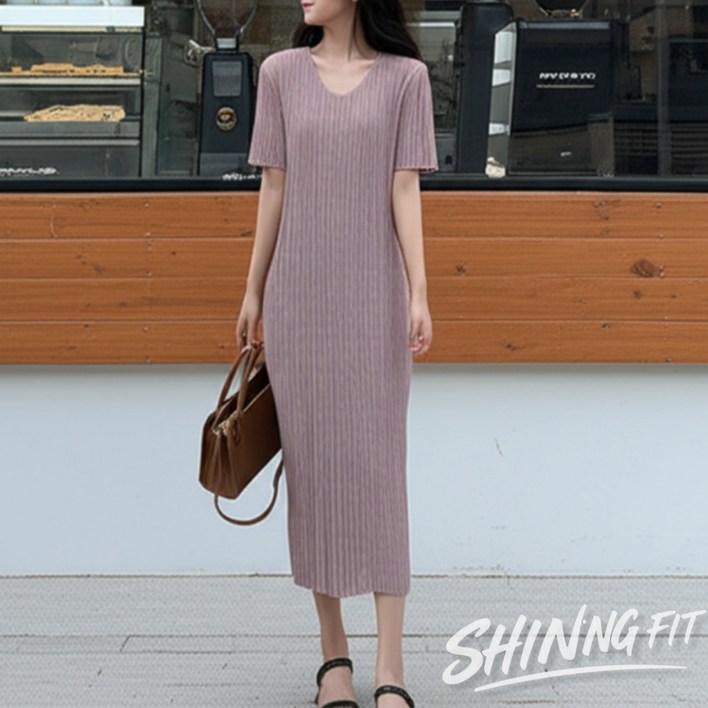 샤이닝핏 브이넥 플리츠 주름 반팔 여름 롱원피스