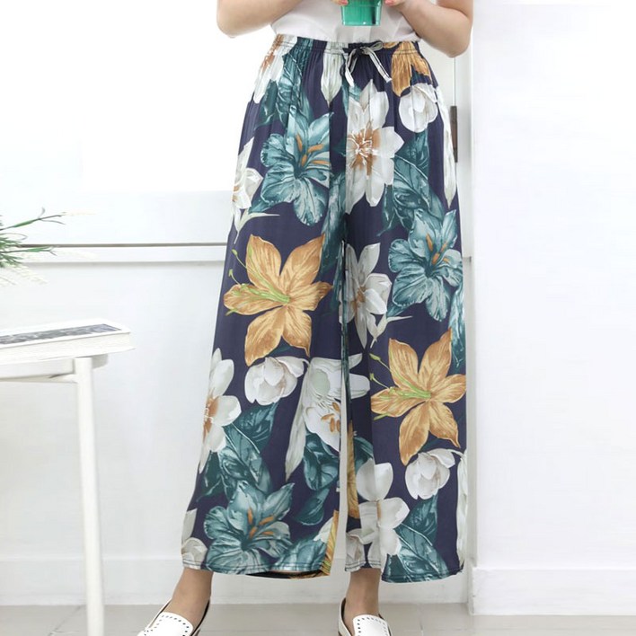 여성용 꽃무늬 와이드 레그 팬츠 플라워 캐주얼 루즈 여름바지 잠옷 이지웨어 홈웨어