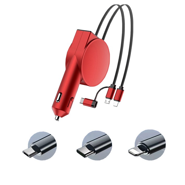 YiYe 3 in 1 신축 차량용 시거잭 릴타입 고속 충전기, 붉은색