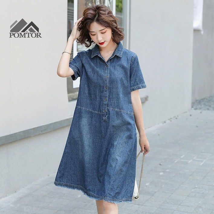POMTOR 여성 반팔 카라  셔츠 데님 원피스