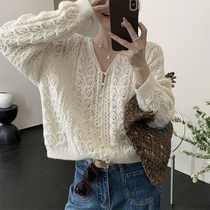 아리엘스타일 진주버튼 포인트 감성니트 소리아르니트가디건