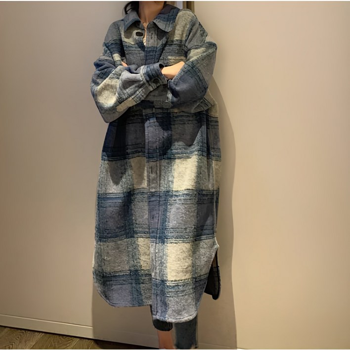 체인지쉬(change she)  여성 빈티지 루즈핏 롱 체크 남방