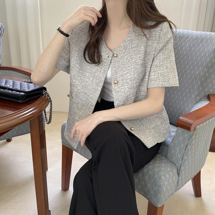 핏몬 트위드 여름 노카라 숏 반팔 정장 자켓