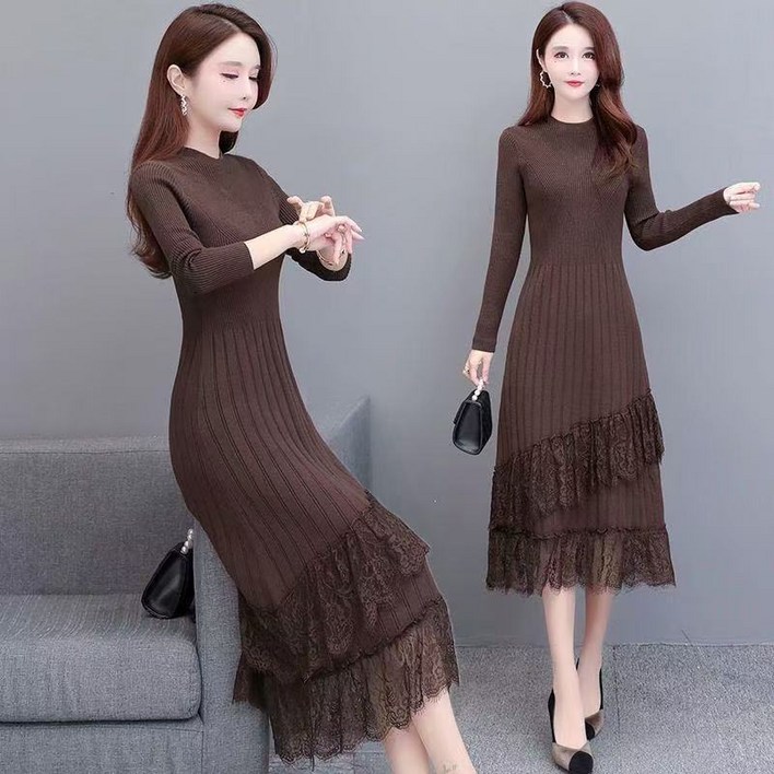 COSYEVNO  여성 봄철 긴팔 니트 원피스 레이스 플레어 스커트 LFHmmlyq14