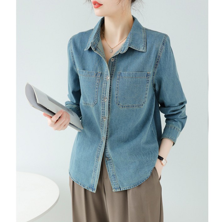 POMTOR 여성 코튼 데님 셔츠 블루 워싱 긴팔 봄가을 데일리룩