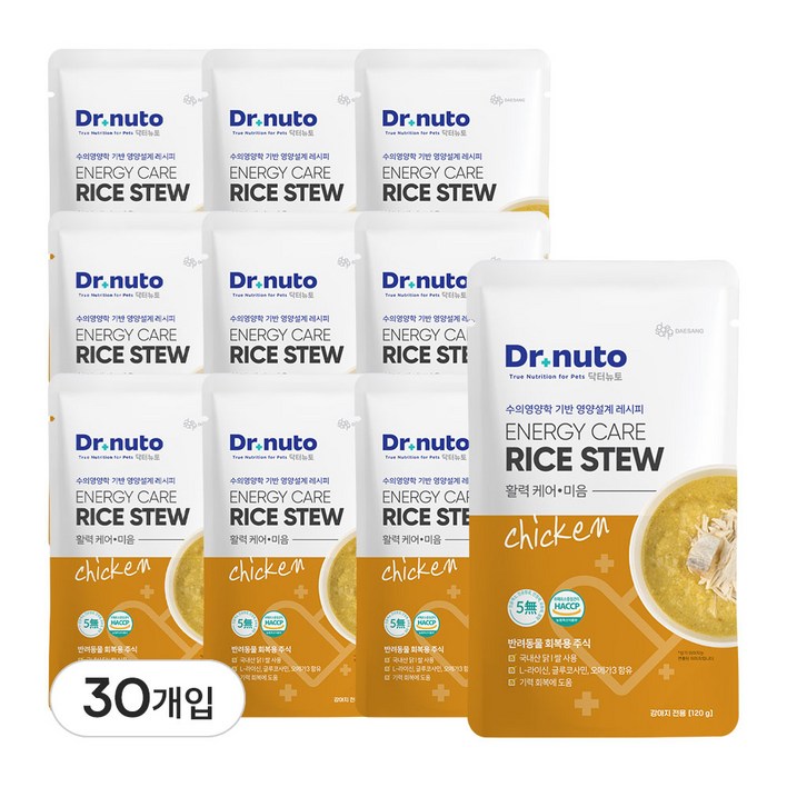 닥터뉴토 강아지 영양 죽 보양식 국내산 닭, 오리 사용  애견 습식사료, 삼계죽, 미음, 노견, 30개, 120g, 닭쌀