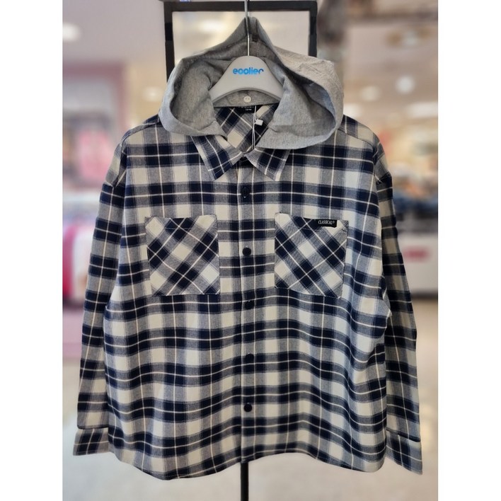 에꼴리에   동아쇼핑 후드 착탈 캐주얼 얇은 긴팔 체크 귀요미티   NC 주니어 10대룩  체크 셔츠 남방  티셔츠 25A1302  BL