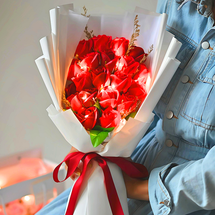 아르띠콜로 자체제작 S5 LED 램프 20송이 비누꽃 부케투명쇼핑백, 레드, 1개