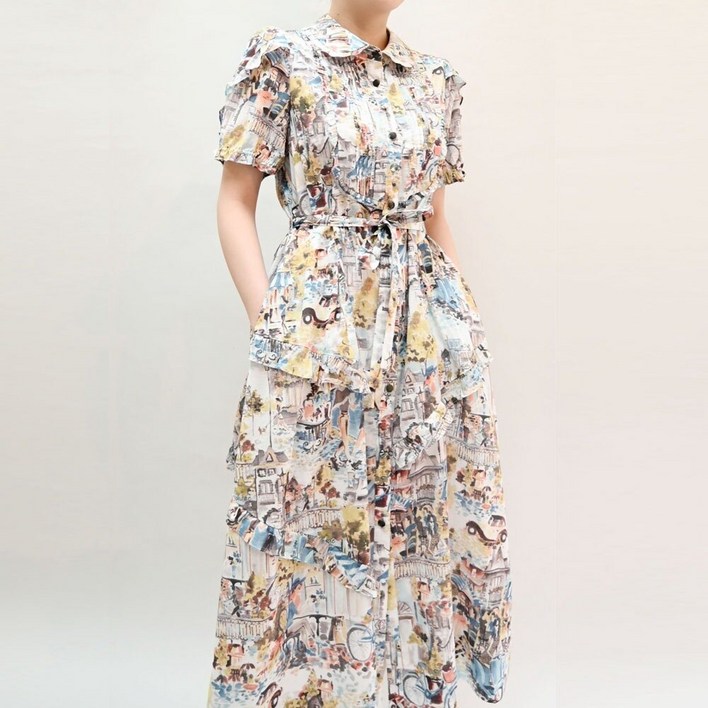 비꼴리끄 코튼 프린트 프릴 디테일 원피스