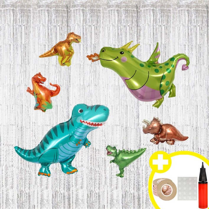 공룡테마 파티 대형 공룡 은박풍선 6종 파티커튼 세트 인생샷 포토존 연출템 8옵션 에브리띵스마일 1213, 1세트, 스몰믹스 실버 커튼