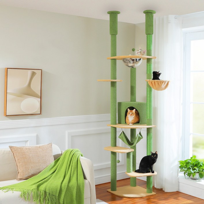 PAWZ Road 6단 대형 플러시 패브릭 캣폴,천장 고정형 트윈 기둥 높이 조절 캣타워 236CM-258CM,스크래쳐 기둥+숨숨집+해먹