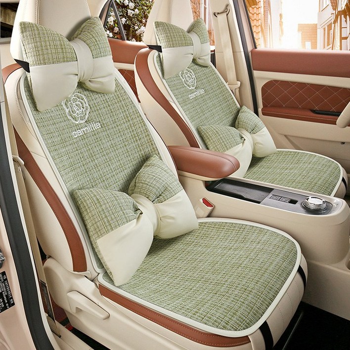 무니유유 자동차 린넨 사계절용 가벼운 통풍 동백꽃 리본 시트커버 전좌석+쿠션 11종 세트, 1세트, 민트그린