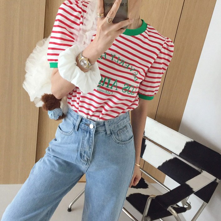 아이미마인 틴틴 레터링 링거 배색 스트라이프 루즈핏 라운드 퍼프 반팔티셔츠 3color