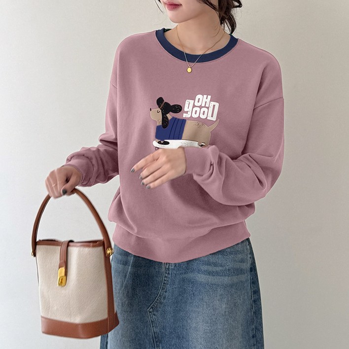 데일리앤 스티비 여성 간절기 루즈핏 쭈리 배색 프린팅 맨투맨 봄 가을 긴팔 데일리 티셔츠 스웻셔츠