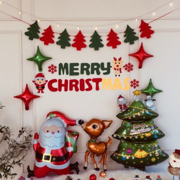 크리스마스풍선세트 파티프렌즈 크리스마스 풍선 세트 가랜드 홈파티 (앵두전구 포함), 기본세트B+루돌프+산타+트리