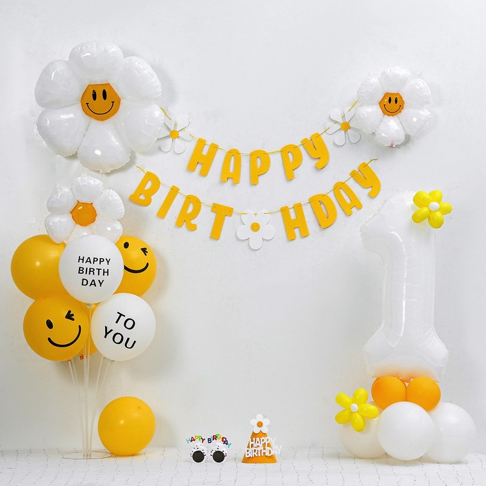 [피앤비유니티]데이지 가랜드 숫자기둥 생일풍선세트(모자,안경포함) 돌풍선