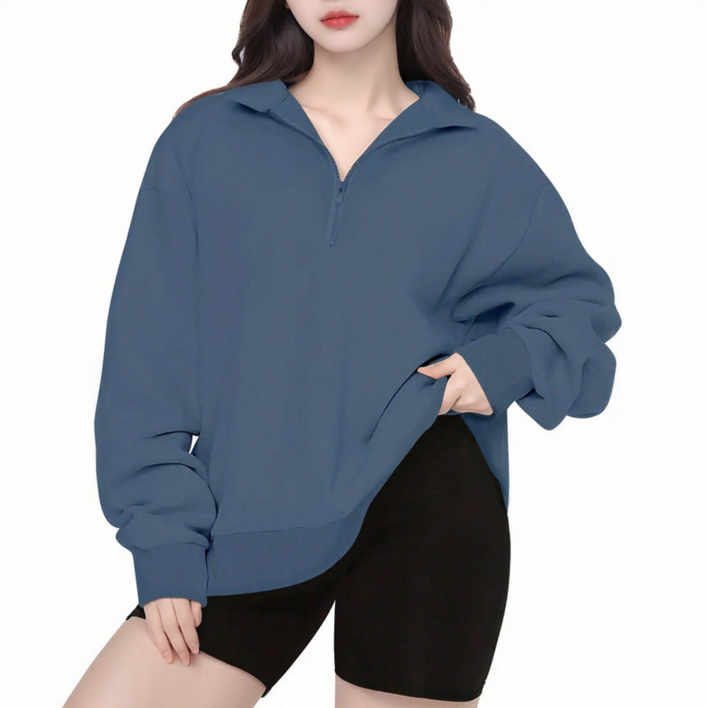 포뚱핏 여성용 루즈핏 하프지퍼 스탠드칼라 맨투맨 가을겨울 데일리룩 편안한 무지티