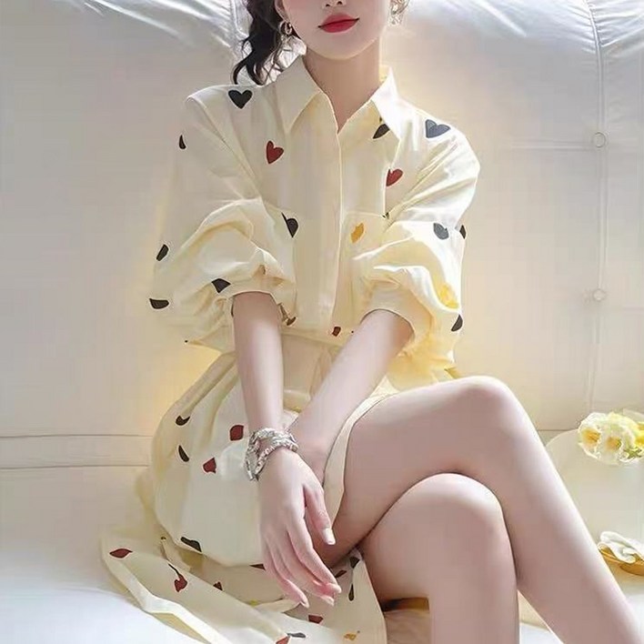 이노뱅크 INO580A 하트 허리 밸트 카라 긴팔 셔츠 미니 원피스
