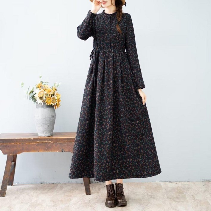 Seofst 여성 가을겨울 플로랄 린넨 롱원피스 기모 두꺼운