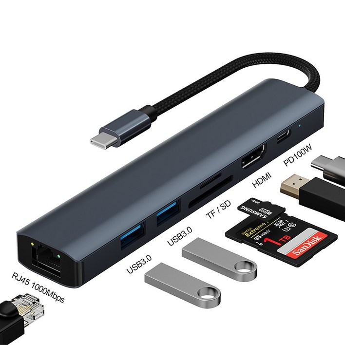 더존라이프 올인원 멀티 usb허브 C타입 (고속충전PD, 3.0 USB, HDMI, 초고속인터넷1000Mps, SD/TF카드리더기)
