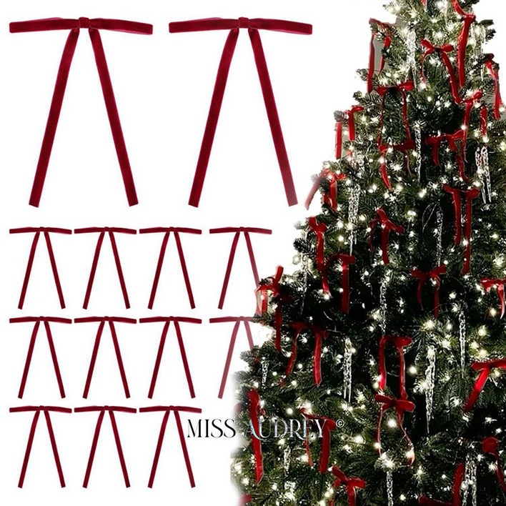 미스오드리 크리스마스 장식 슬림 롱 리본 오너먼트 12p 1세트 2컬러 벨벳 장식 소품 완성리본, 12개, 레드