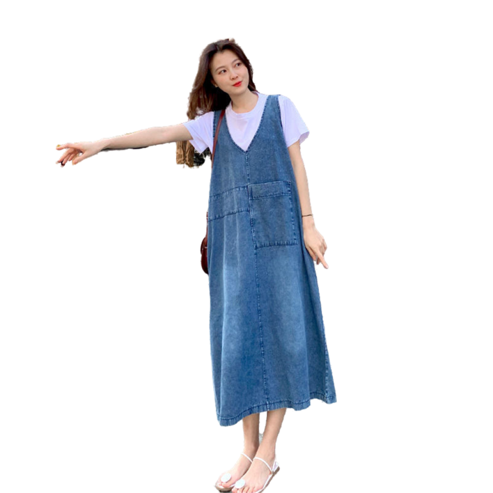 urkoteer여성용블루빅urkoteer 사이즈 브이넥 루즈핏 데님 롱원피스urkoteer