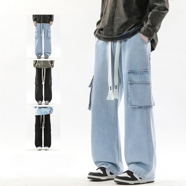 BDICOOL 남성 카고 데님 팬츠 청바지 세미 와이드 기모 스판 밴딩 G801