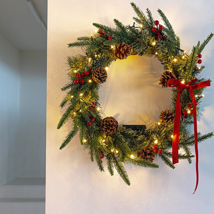 파티몬 크리스마스 원형 리스 50cm 전구포함 트리 벽 장식 소품, 1개, 크리스마스 리스