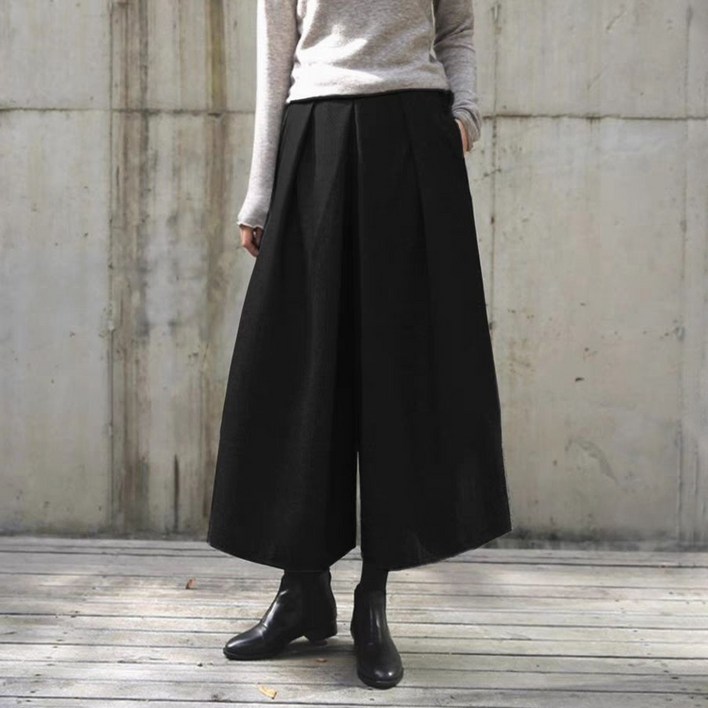 지디오 여성 모직 와이드 팬츠 빅사이즈 오버핏 허리 밴딩 간절기 정장 바지 핀턱 헤링본 통넓은 가을 겨울 긴바지