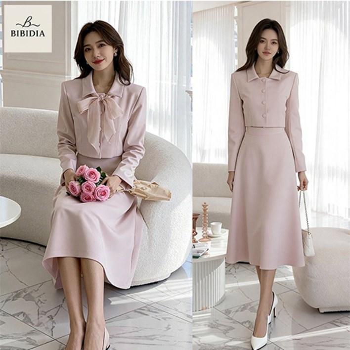 비비디아 Bibidia 봄신상 여성 리본 투피스 고급 슬림핏 하객룩 오피스룩 긴팔 정장 롱치마 S2XL 5606