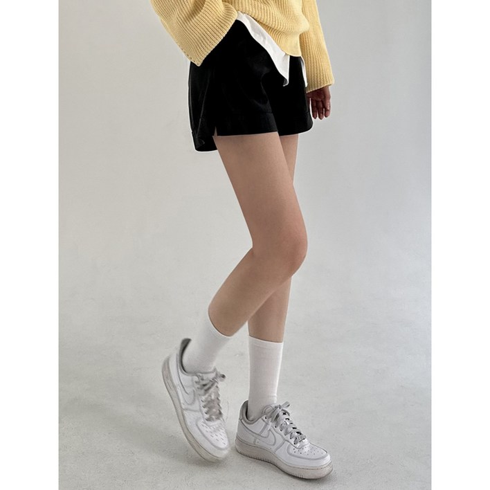 레몬웨이브 4466 편안한 레더 가죽 옆트임 3부 밴딩 끈 A라인 반바지 2Color