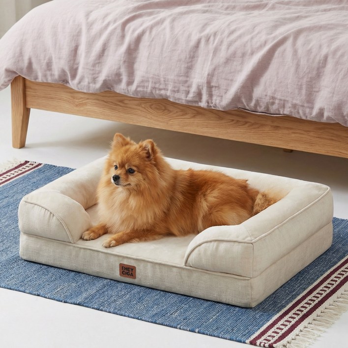 EHEYCIGA 메모리폼 함유 정형외과 반려견 강아지방석 사계절용 애견 강아지쿠션 푹신한 편안한 반려견 소파, 1개, 베이지색