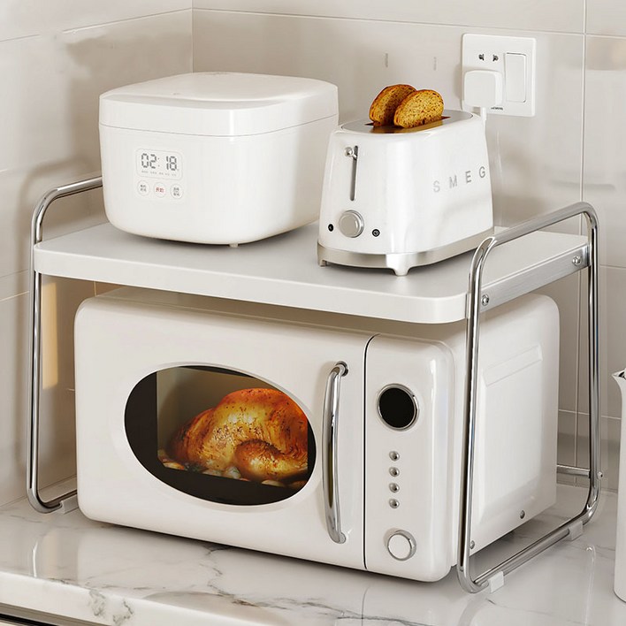 Life Rhythm 주방 전자레인지 선반 조립식 밥솥 수납 선반 2단 모던 화이트, 42cm
