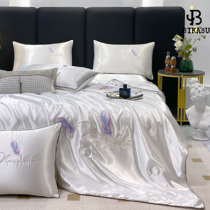 BIKASU 여름 이불 부드러운 인견 냉감이불 깃털 자수 기숙사 1인용 차렵이불 실크 사계절이불