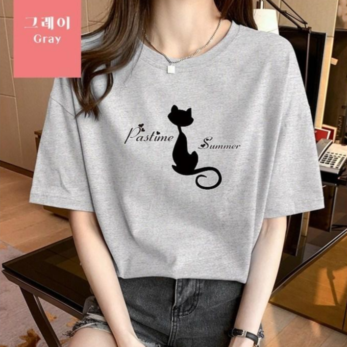 스타일아유 오버핏 면100 고양이 반팔티 여성용 빅사이즈 박시 반팔티셔츠 반팔 티셔츠 자체생산AYG6TS384A