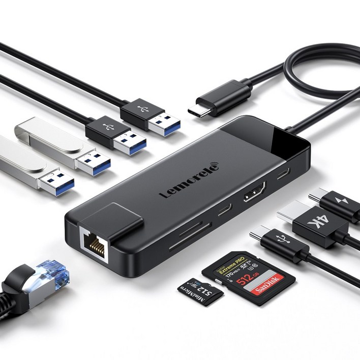 Lemorele 10 in1 USB C 허브 유형 C 도킹 스테이션 RJ45 PD 100W 어댑터 USB 3.0 허브, 검정, 10개