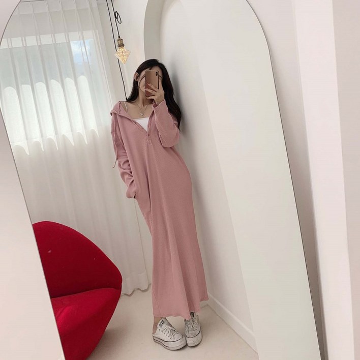 [자체제작] 폭식가능 딥 버튼 후드골지 롱 원피스 [무료배송]