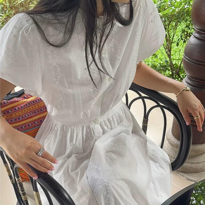 엔피엘 여성원피스 퍼프소매 자수 롱원피스