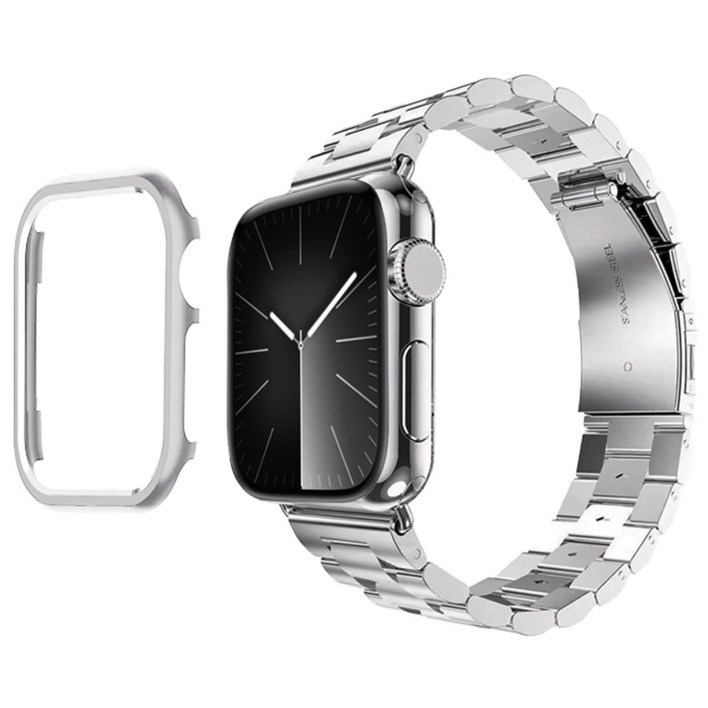 아이메이드잇 애플워치 호환 프리미엄 메탈 스트랩 밴드 + 케이스 세트, 실버