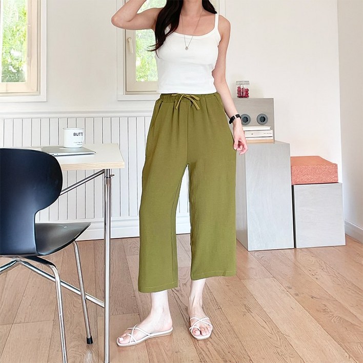 마쿠쿠 데일리 8부 페이크 린넨 와이드 여성 바지 팬츠 여름 밴딩