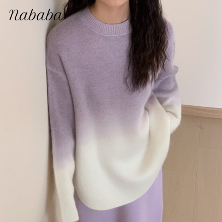 나바바 NK2580 여성 그라데이션 라운드넥 긴팔 니트티